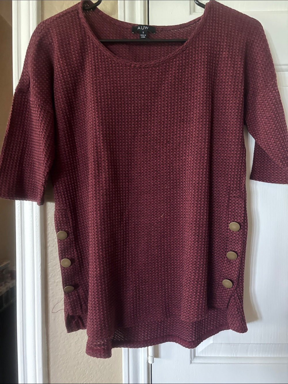 AUW Burgundy Textured Short Sleeve Tunic with Side Buttons